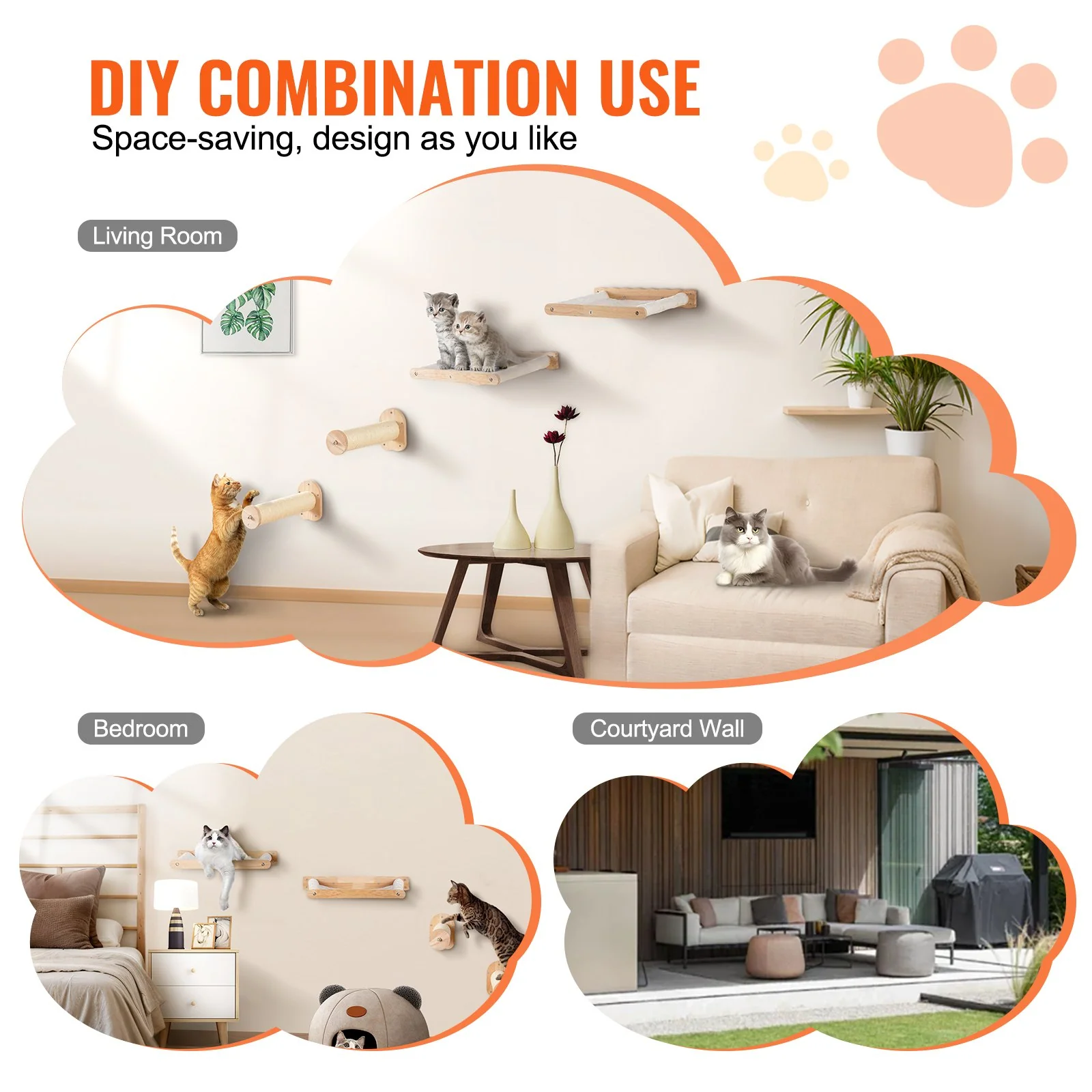 VEVOR Wall Mounted Cat Shelves with 2 Jumping Posts & 2 Hammocks up to 40 lbs - Image 5