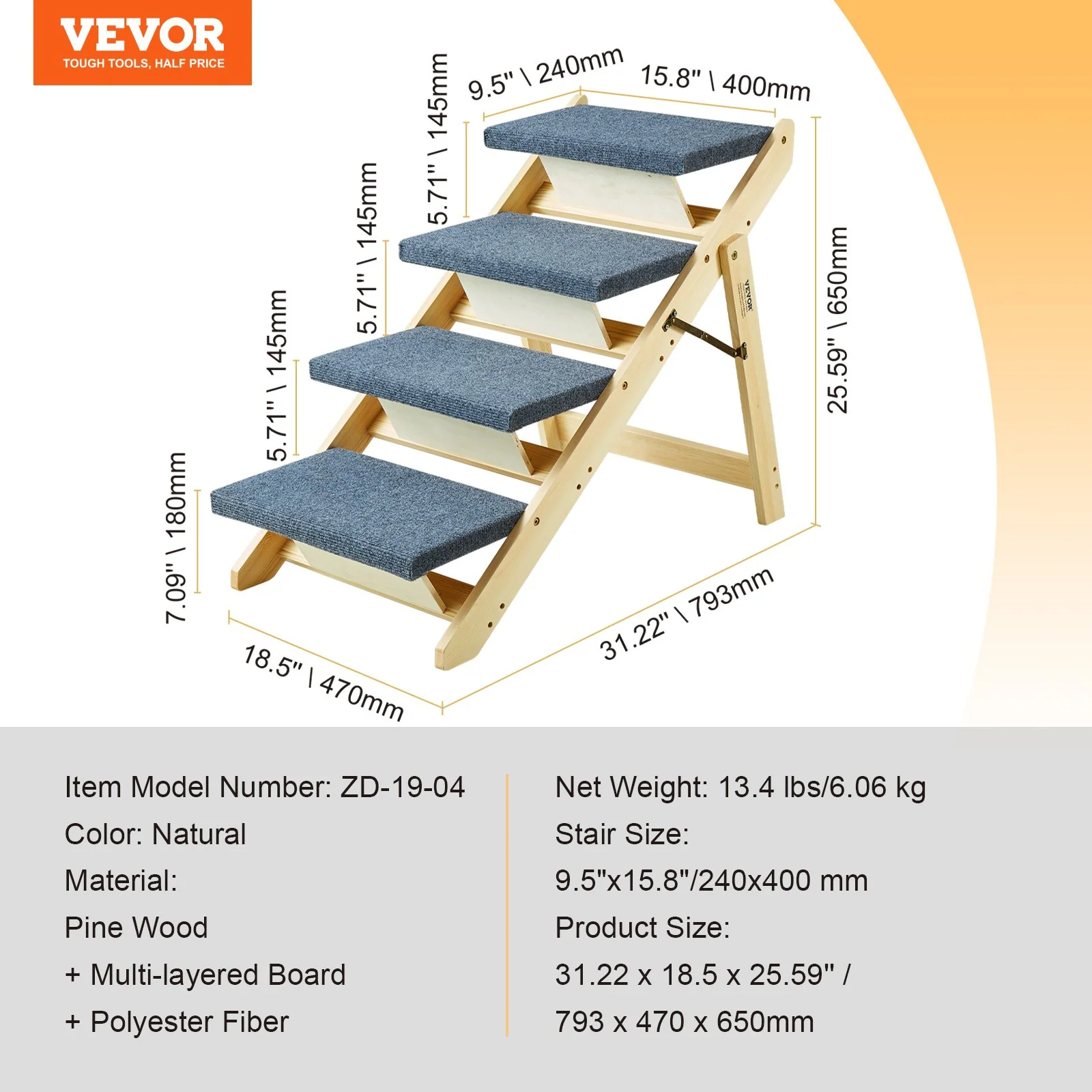 VEVOR Wood Pet Stairs/Pet Steps, 2-in-1 Foldable Wooden Dog Stair for Beds, Sofa and Cars, Dog Stairs & Ramp with 4 Steps for Small Medium Large Pet, up to 150 lbs - Image 11