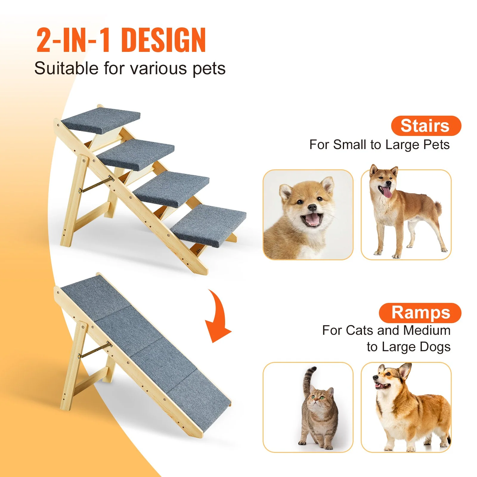 VEVOR Wood Pet Stairs/Pet Steps, 2-in-1 Foldable Wooden Dog Stair for Beds, Sofa and Cars, Dog Stairs & Ramp with 4 Steps for Small Medium Large Pet, up to 150 lbs - Image 2
