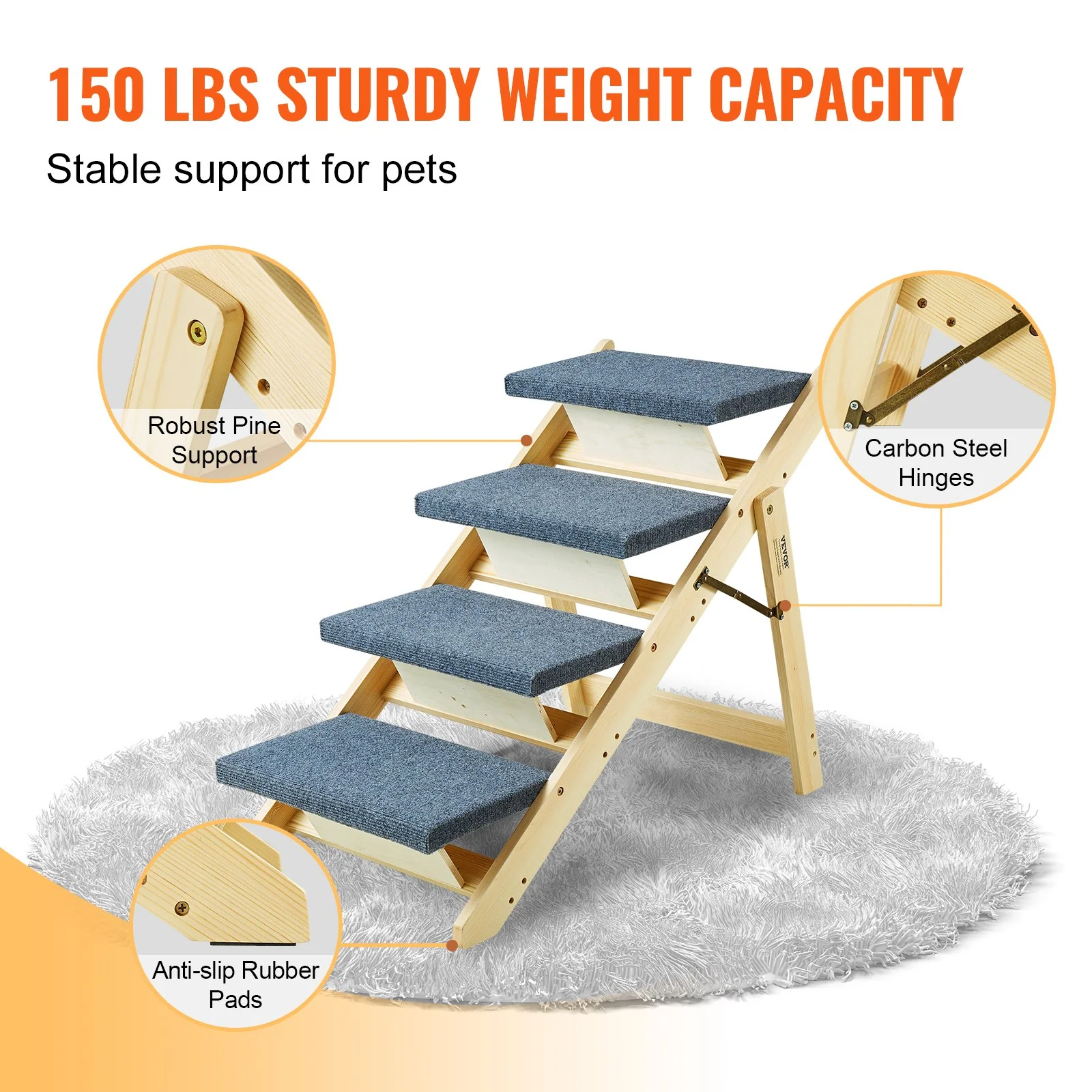 VEVOR Wood Pet Stairs/Pet Steps, 2-in-1 Foldable Wooden Dog Stair for Beds, Sofa and Cars, Dog Stairs & Ramp with 4 Steps for Small Medium Large Pet, up to 150 lbs - Image 3