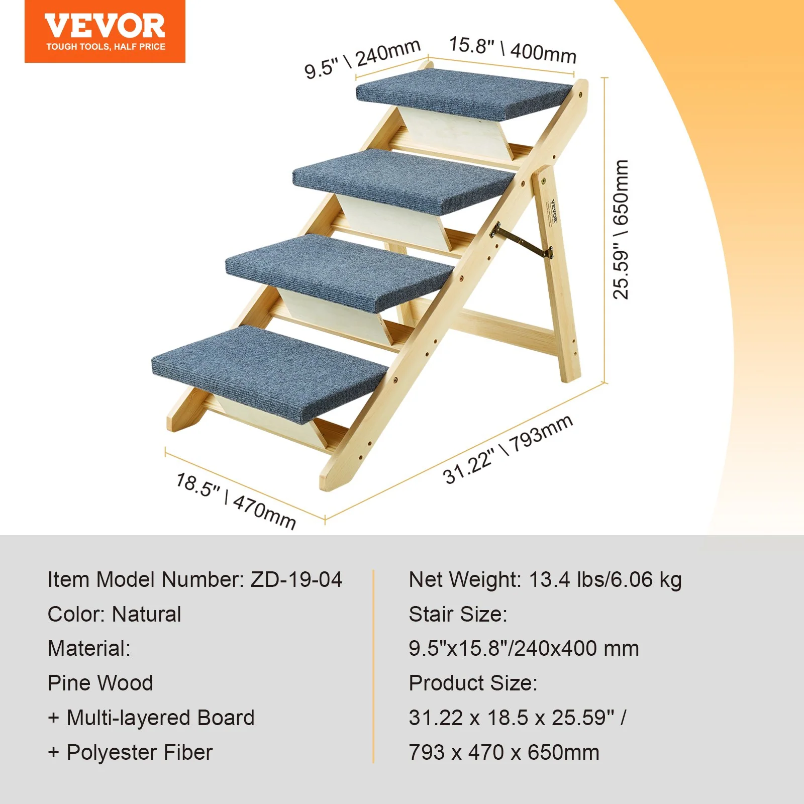 VEVOR Wood Pet Stairs/Pet Steps, 2-in-1 Foldable Wooden Dog Stair for Beds, Sofa and Cars, Dog Stairs & Ramp with 4 Steps for Small Medium Large Pet, up to 150 lbs - Image 6