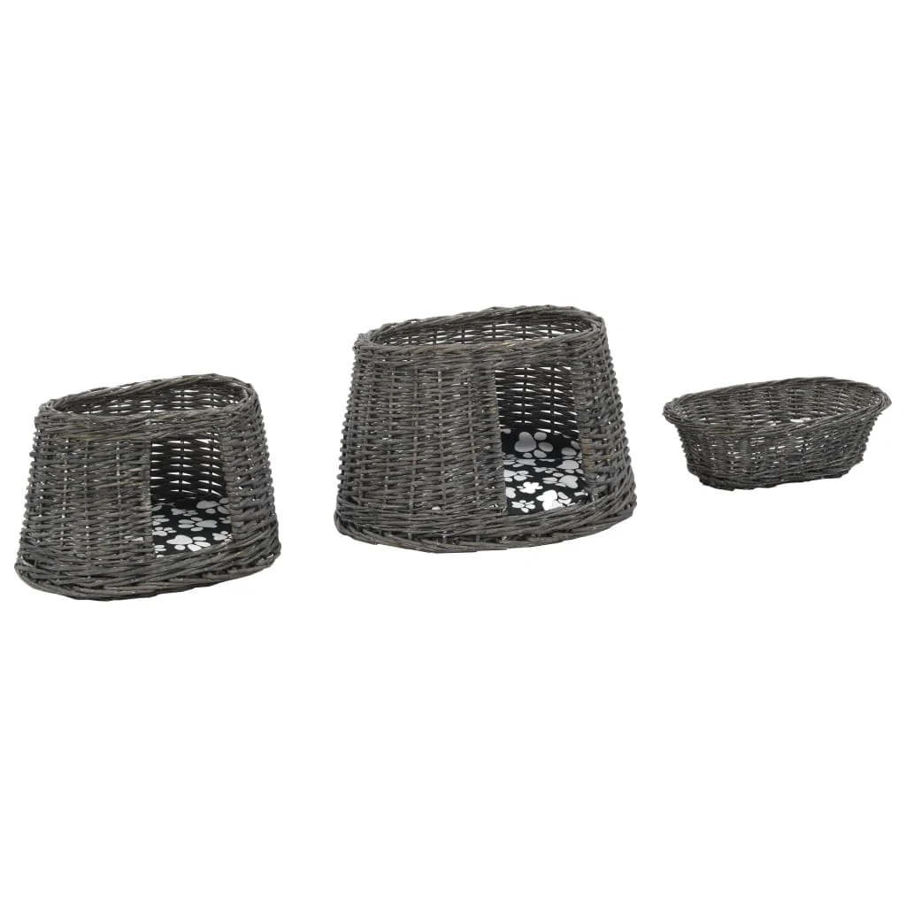 vidaXL 3 Piece Cat Basket Set with Cushions Grey 18.5x13.4x23.6" Natural Willow - Image 7