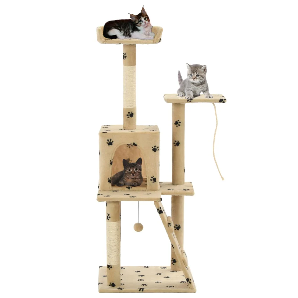 vidaXL Cat Tree Beige with paw prints Particle board, plush, sisal rope