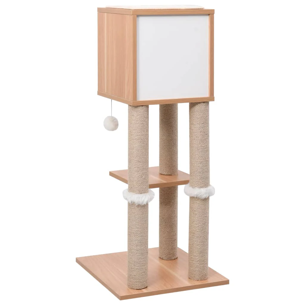 vidaXL Cat Tree Brown, White Wood, MDF, Jute, Sisal, Faux Fur - Image 4