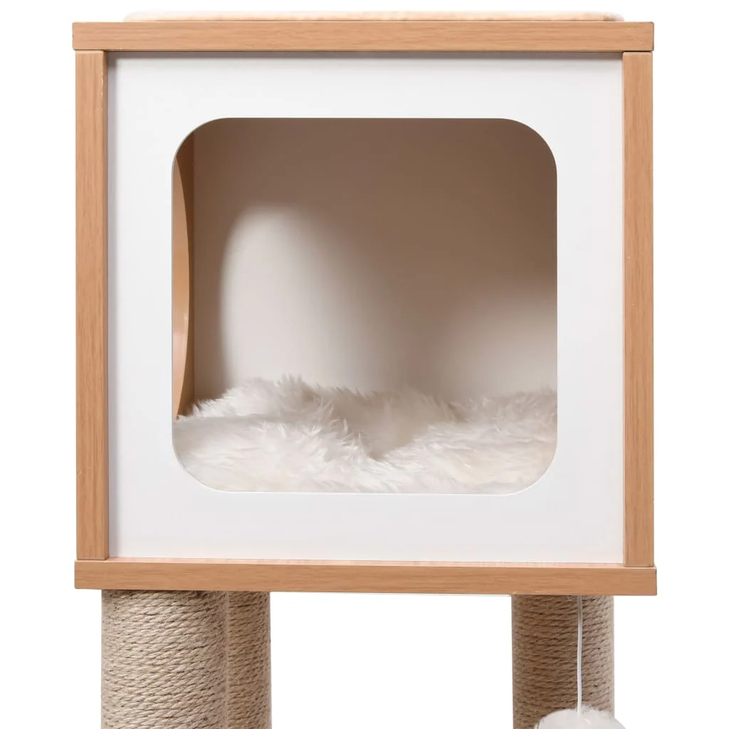 vidaXL Cat Tree Brown, White Wood, MDF, Jute, Sisal, Faux Fur - Image 5