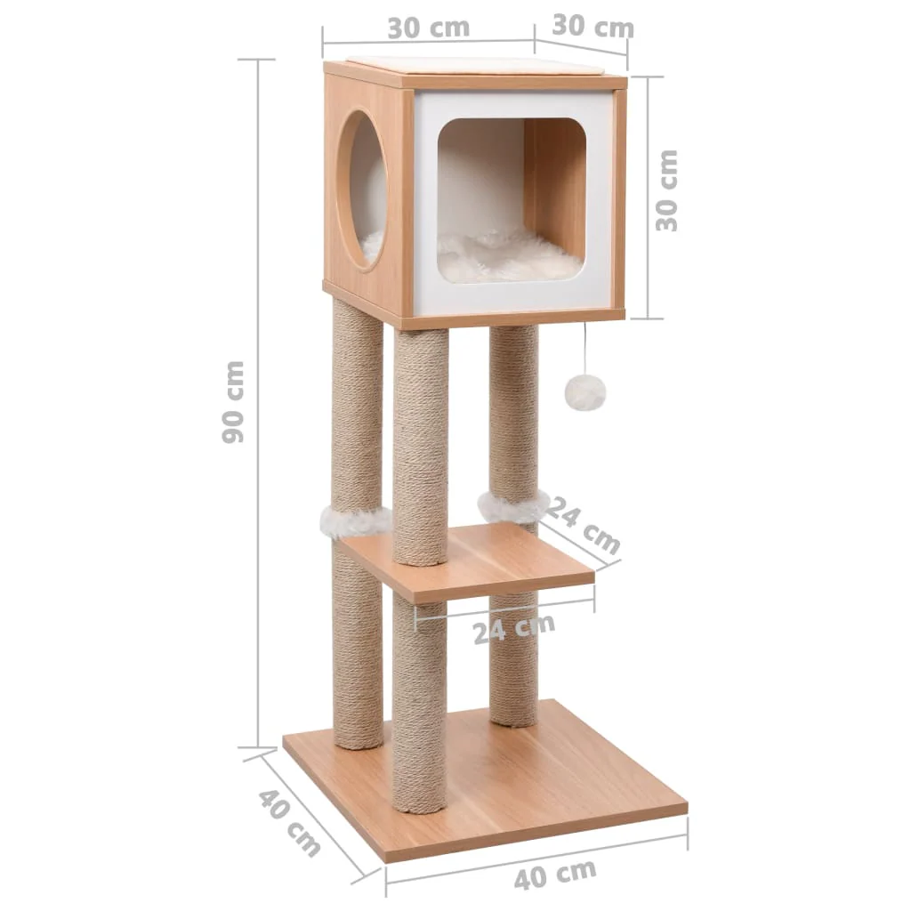 vidaXL Cat Tree Brown, White Wood, MDF, Jute, Sisal, Faux Fur - Image 7