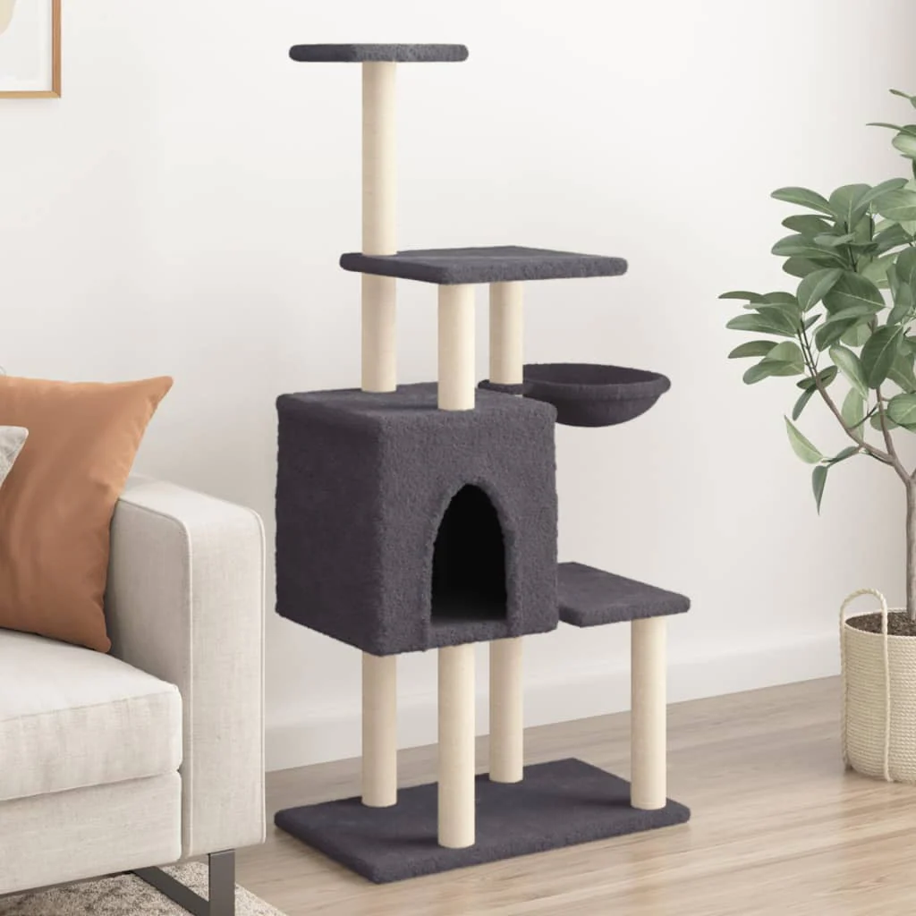 vidaXL Cat Tree Dark Grey Engineered wood, plush, sisal 51.6 in tall