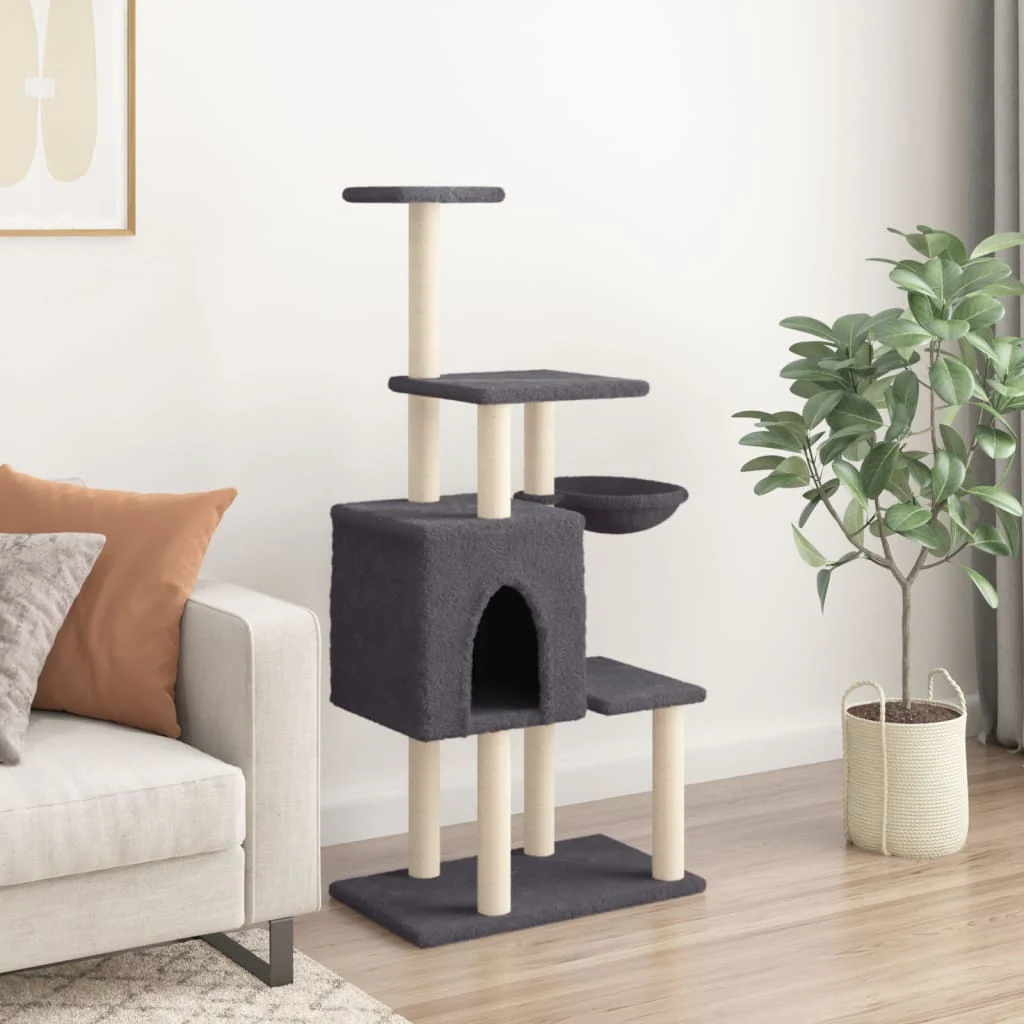 vidaXL Cat Tree Dark Grey Engineered wood, plush, sisal 51.6 in tall - Image 3