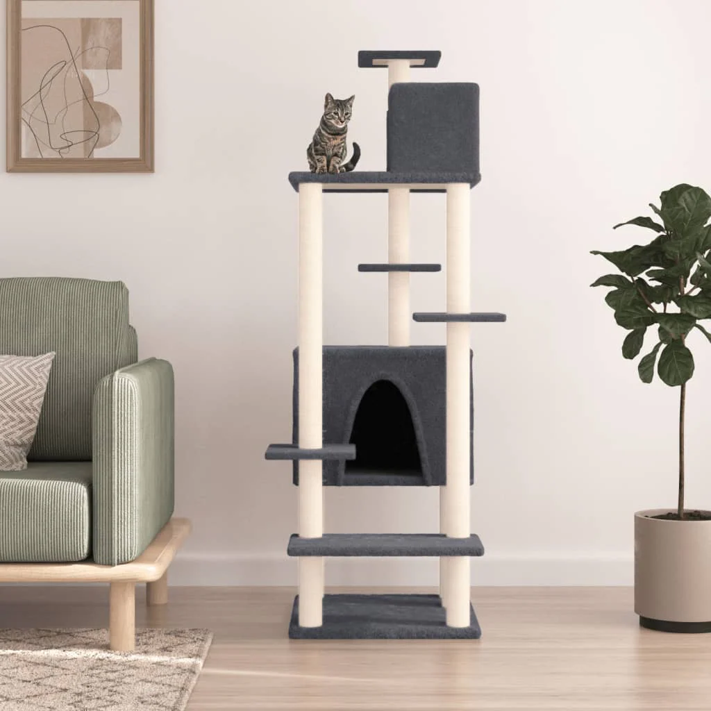 vidaXL Cat Tree Dark grey Engineered wood, plush, sisal 60.6 in tall
