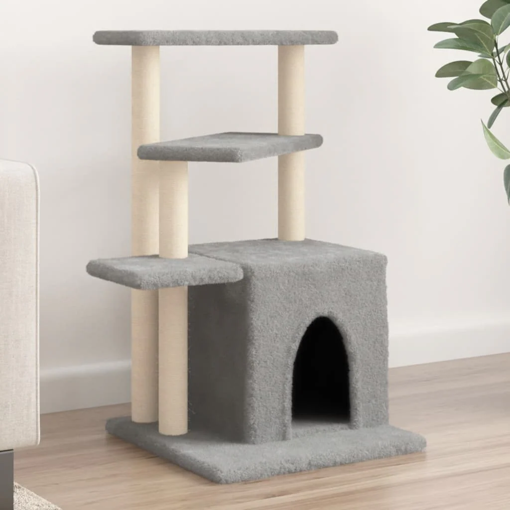 vidaXL Cat Tree Light gray Engineered wood, plush, sisal Medium Durable