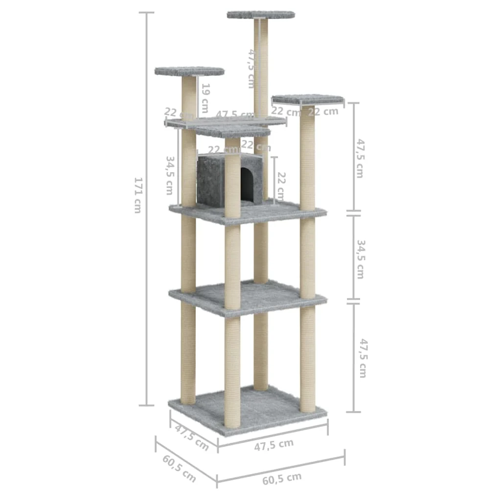 vidaXL Cat Tree Light Grey Engineered Wood, Plush, Sisal 67.3 in Tall - Image 8