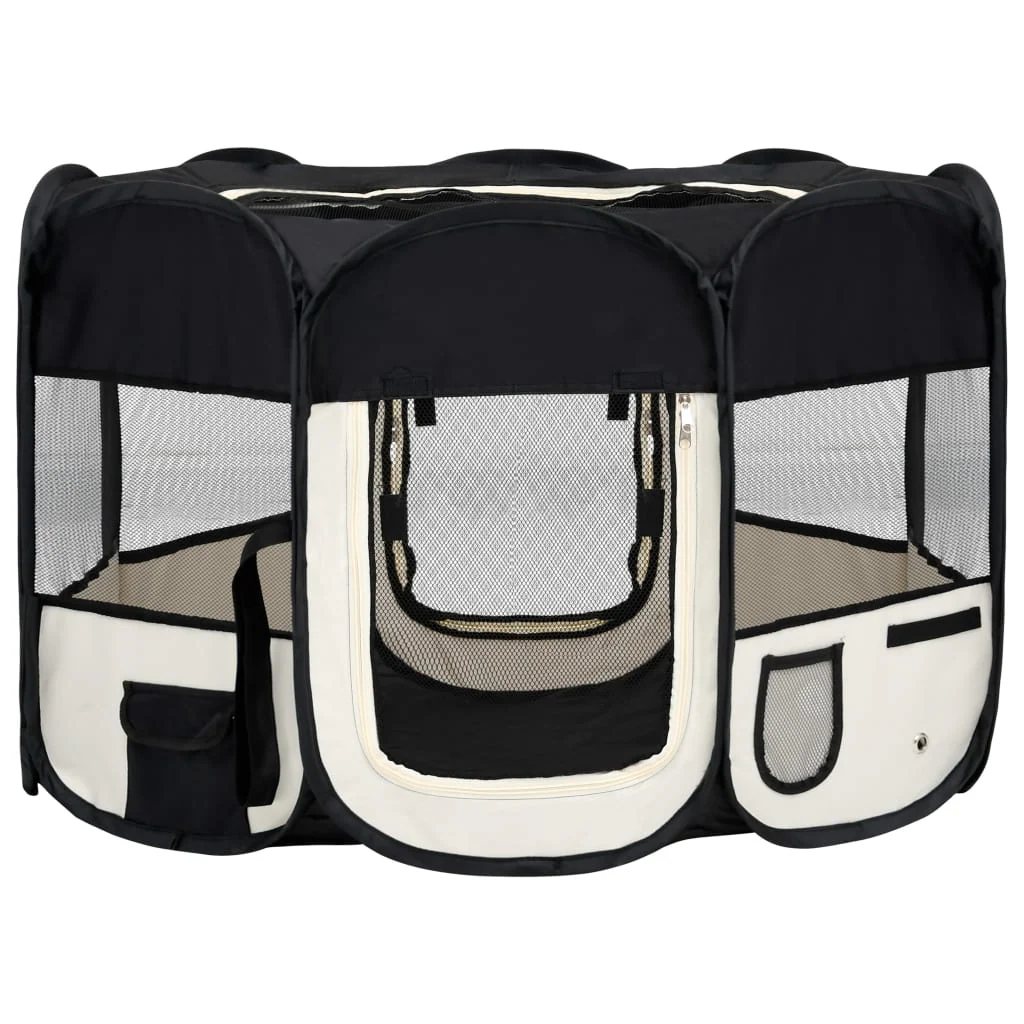 vidaXL Dog Playpen Black and cream Polyester and steel Medium Foldable - Image 2