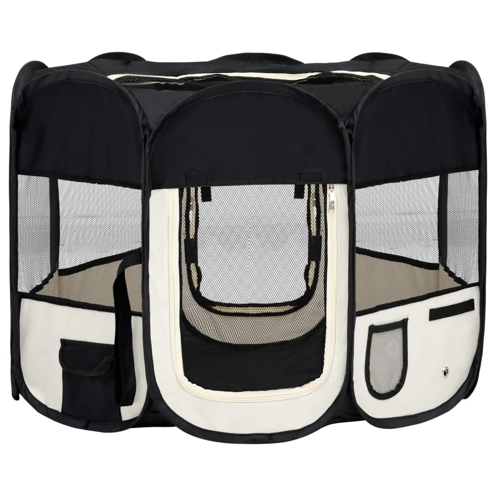 vidaXL Dog Playpen Black and cream Polyester, Steel 35.4x35.4x22.8 in - Image 2