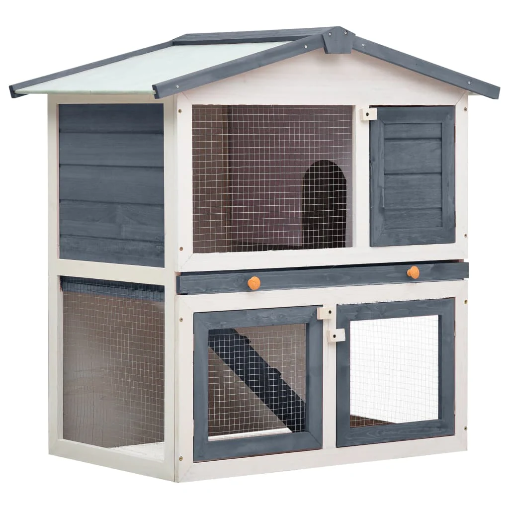 vidaXL Rabbit Hutch Grey and white Solid pine wood, powder-coated iron mesh