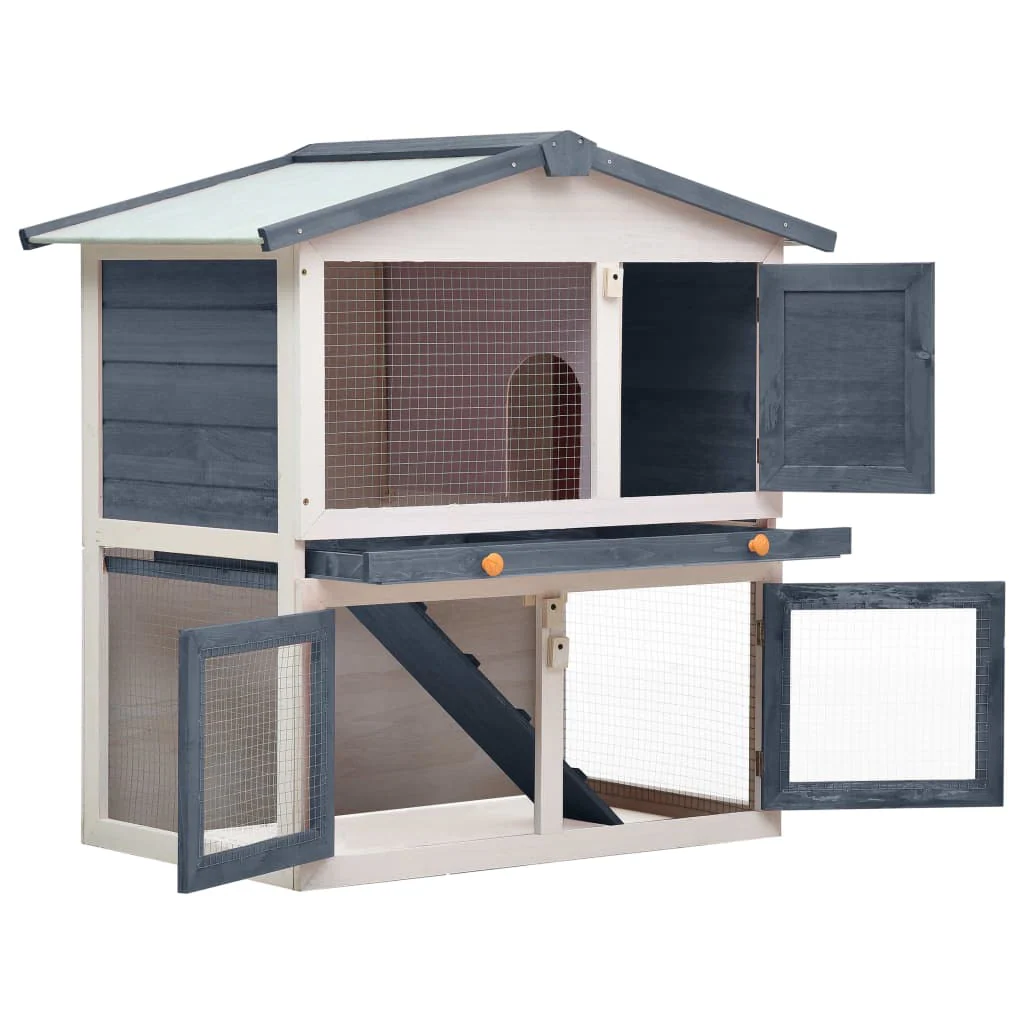 vidaXL Rabbit Hutch Grey and white Solid pine wood, powder-coated iron mesh - Image 2
