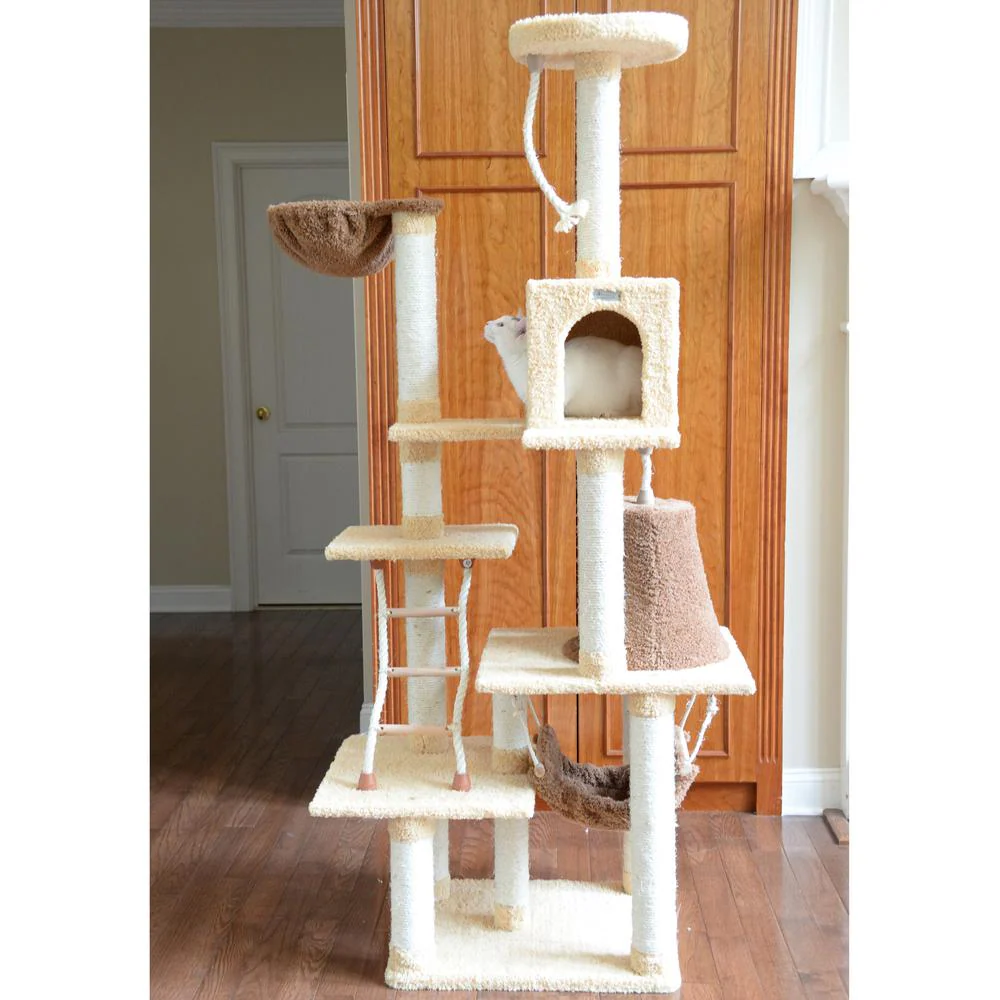 Wood Cat Climber Play House, Cat Furniture With Playhouse,Lounge Basket, In Gold - Image 13