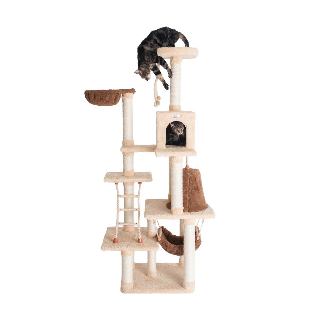 Wood Cat Climber Play House, Cat Furniture With Playhouse,Lounge Basket, In Gold - Image 4