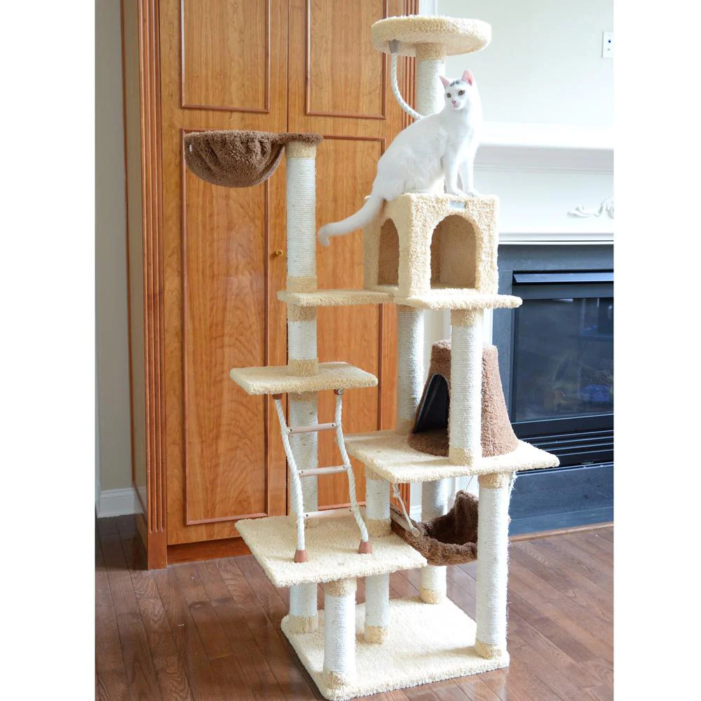 Wood Cat Climber Play House, Cat Furniture With Playhouse,Lounge Basket, In Gold - Image 9